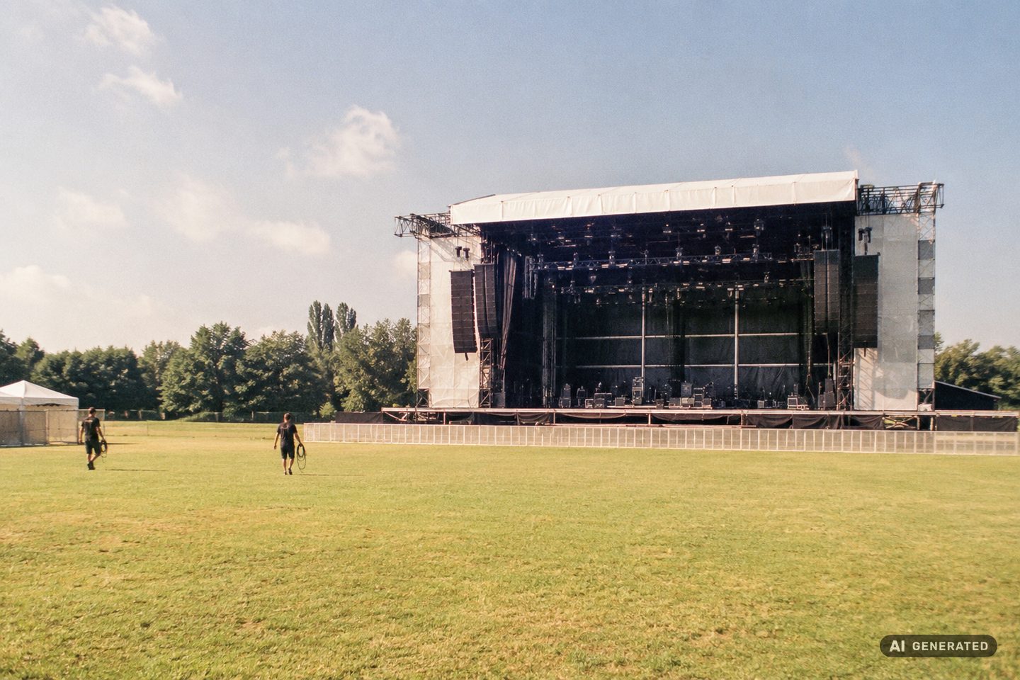 Leeres Open-Air-Gelände am Morgen des Aufbaus, Bühne fast fertig