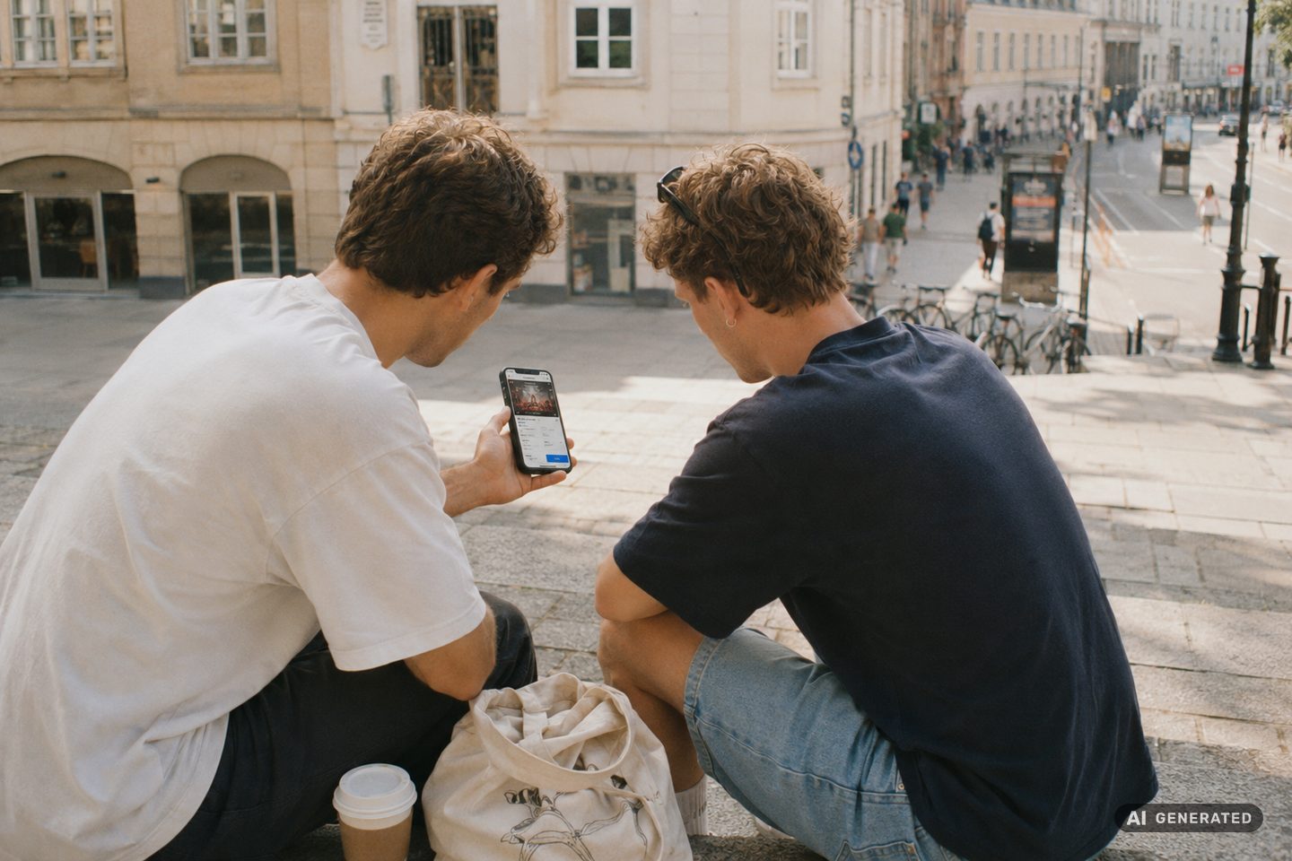 Zwei Freunde auf einer sonnigen Treppe schauen gemeinsam auf ein Handy