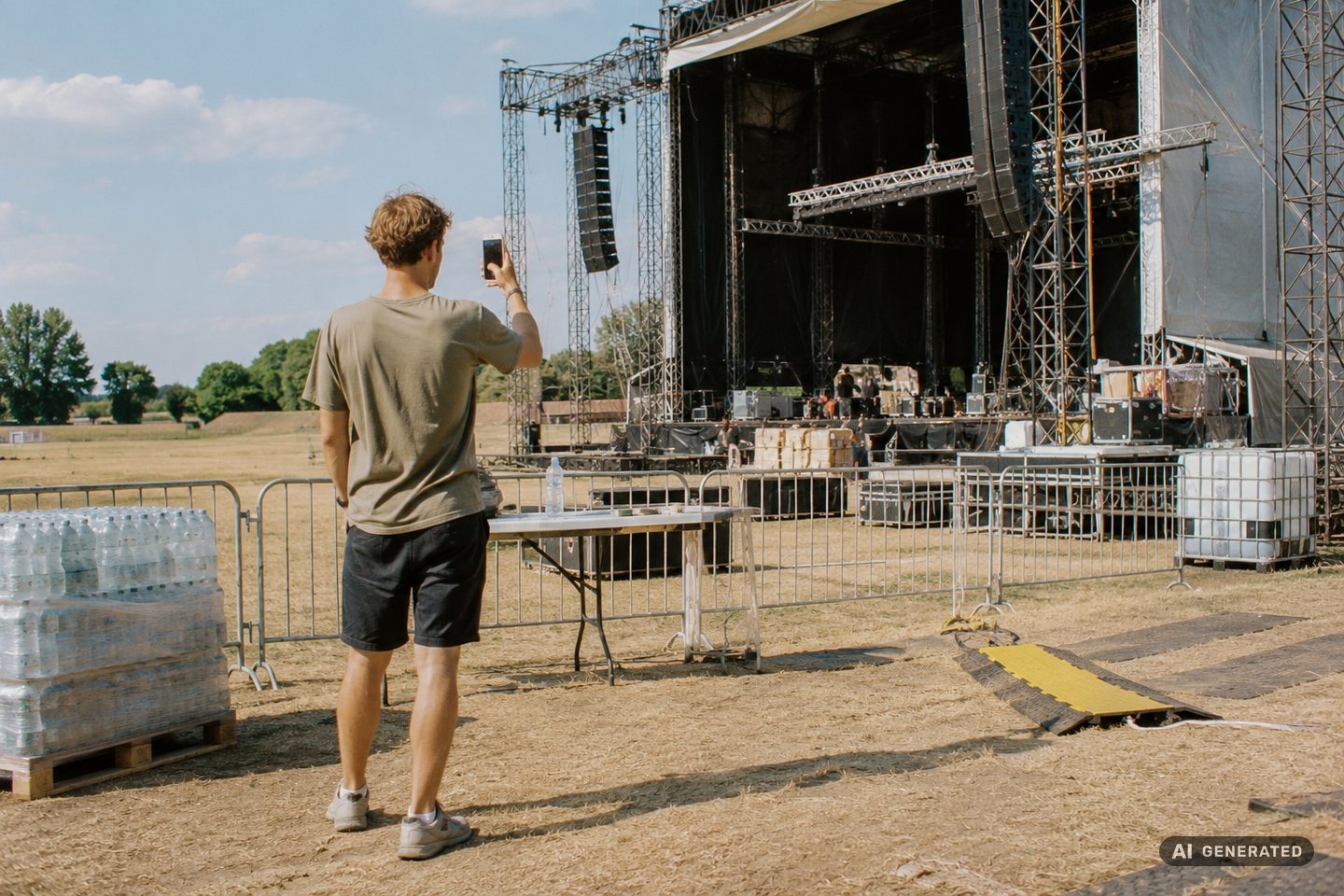 Crew-Mitglied produziert Material beim Aufbau auf dem Festivalgelände